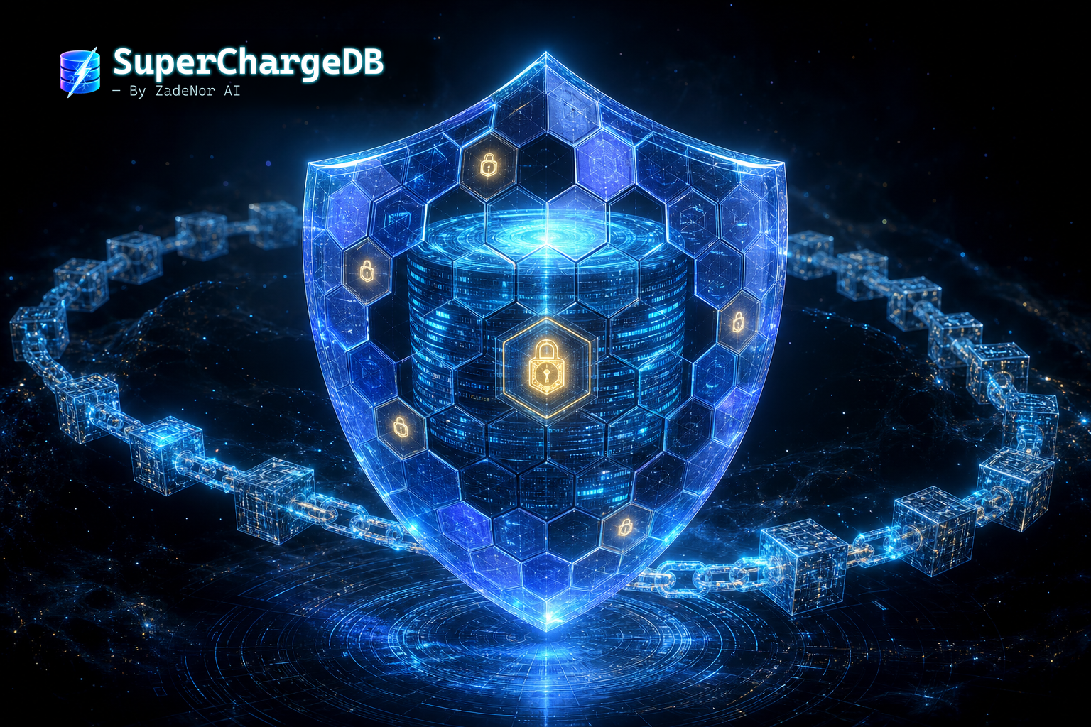 A glowing aegis shield linked to a cryptographic hash-chain, representing tamper-evident WORM audit