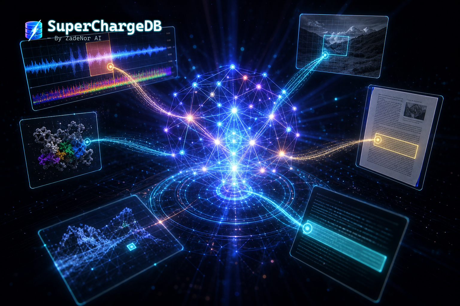 A cinematic hologram of an AI agent orchestrating tools over a remote MCP server — agent-native retrieval