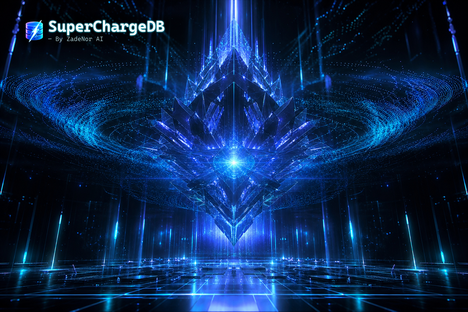 A crystalline vector data-core radiating indigo and cyan light — the SuperChargeDB engine