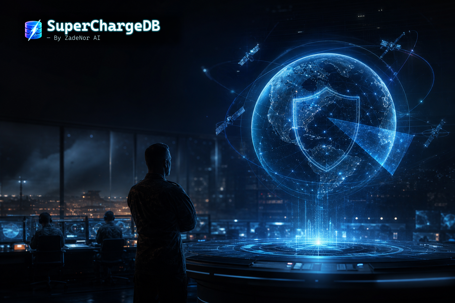 Cinematic hologram of a secure command data core representing government and defense retrieval