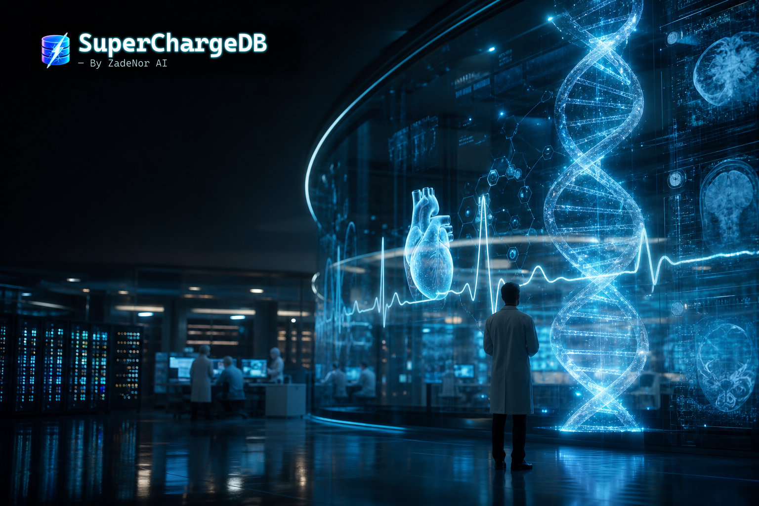 Cinematic hologram of a multimodal medical data core — scans, charts, and clinical notes fused for healthcare retrieval