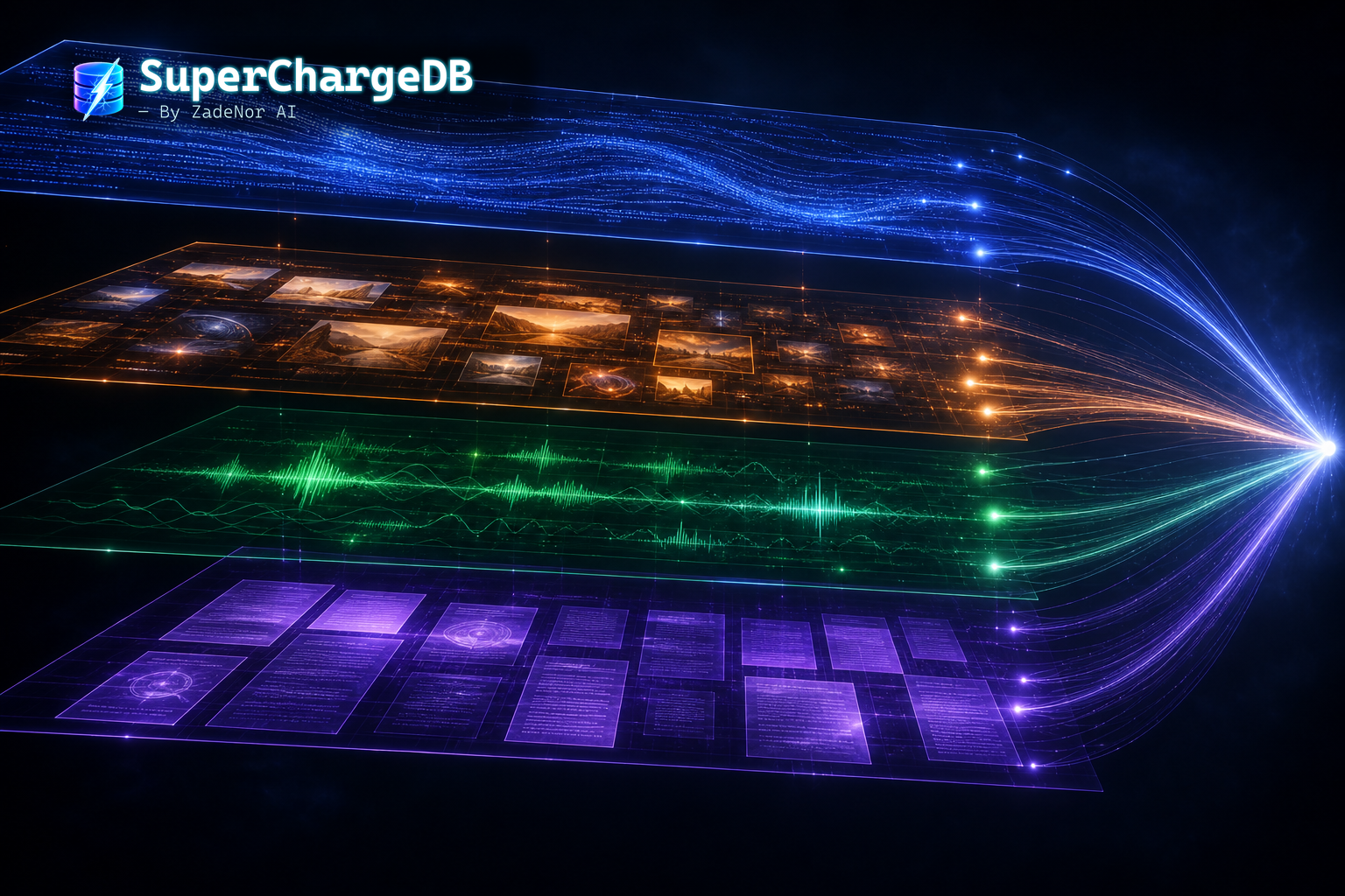 Four luminous colored planes — text, visual, audio, and doc-visual — fusing into a single retrieval core